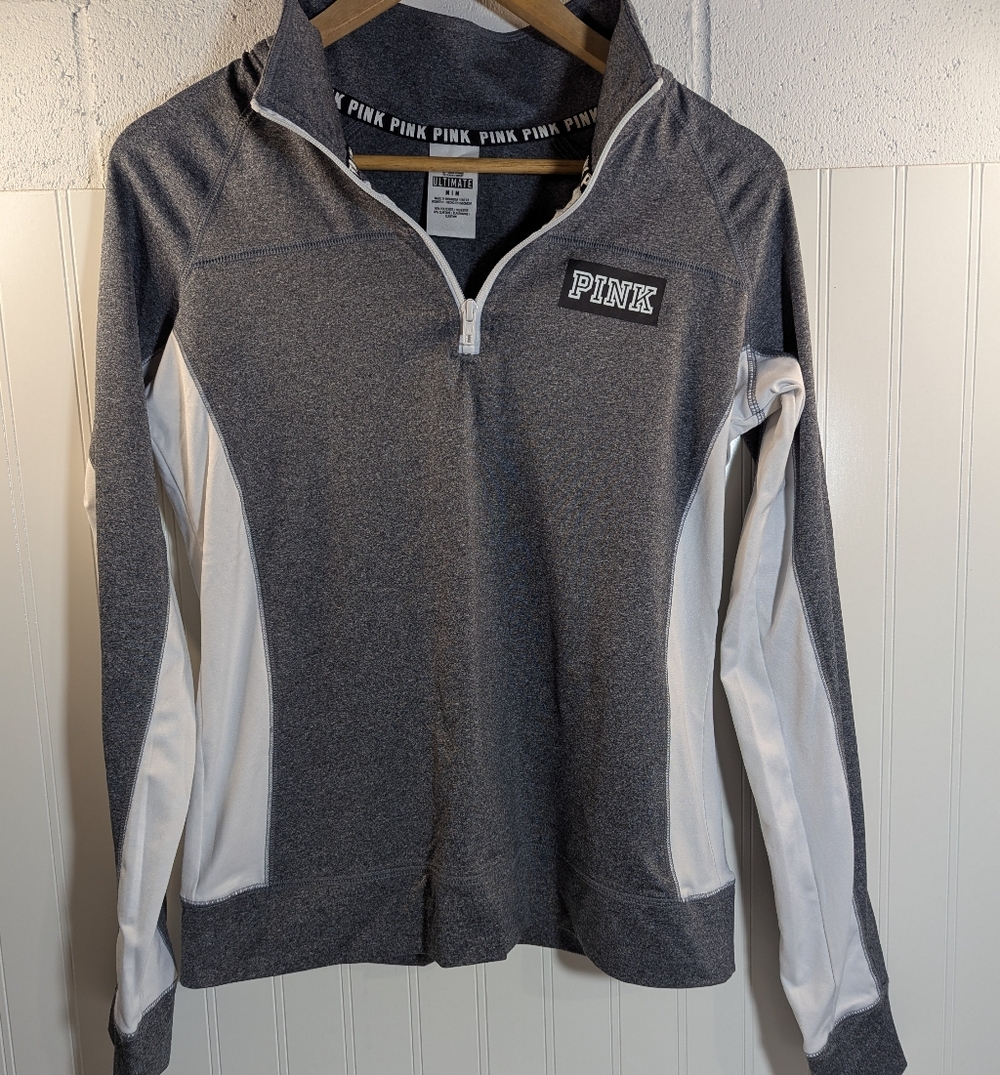 PINK Victoria's Secret Women's Charcoal and White 1/4 Zip Long Sleeve Shirt